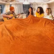 Vessia Flannel Fleece Oversized King Size Blanket(120x120inch), 300GSM Cozy Burnt Orange Stripe Bed Blanket for Couch, Sofa and Bed, Warm and Soft Chocolate Microfiber Ribbed Decor for All Season