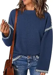 [Valtorixia] Women Long Sleeve Contrast Cable Knit Pullover Sweaters for Women Fashion Solid Crewneck Loose Fit Pullover Top Fall Winter Knit Top (Bule,Medium)