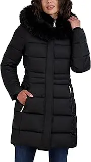 [Tahari] Women's Fitted Puffer Coat with Oversized Hood, Steel, Medium