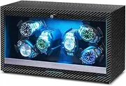 LIAN Automatic Six Watch Winder Black Walnut Wood Grain with Japanese Mabuchi Quiet Motor Led Lights AC Adapter Powered Soft Retractable Watch Pillows for Men's and Women's Watches Carbon Fibre