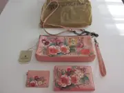 NEW PINK FLORAL BIRD DESIGN GENUINE LEATHER HAND PAINTED ANUSCHKA BAG SET