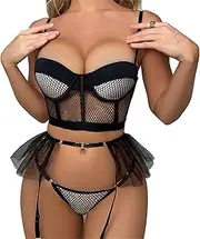 [Zylphorix] Women Sexy Strappy Mesh Lingerie Lace Bra and Panty Set Underwire Teddy Babydoll Bodysuit with Garter Belts