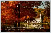 c1960s Church Psalm Jesus Lake Fall Autumn Vintage Postcard