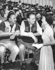 Actress Loretta Young chats driver Duke Nalon an event early-1950s Old Photo