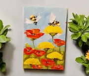 Honey Bee Poppies Original Oil Painting Dandelions Wildflowers Handmade Wall Art