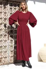 Sheyne Maxi Dress - Long Balloon Sleeve Elasticated Waist A Line Dress in Wine