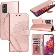 Cavor Wallet Case for Samsung Galaxy S20 FE 6.5'' PU Leather Case Magnetic 3D Embossed Flower Women Flip Kickstand with Card Holder Wristlet Hand Strap Protective Cover-Flower Rose Gold