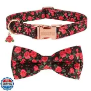 ADOGGYGO Floral Dog Collar with Bow, Red Rose Flower Dog Bowtie Collar with M