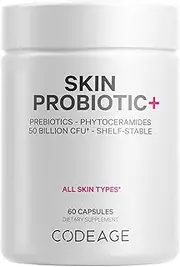 [Codeage] Skin Probiotics + Prebiotics - Skin Care Routine Supplement - 50 Billion CFU - Ayurvedic Botanical Herbs - Face Probiotics - Shelf Stable Cleanser, Non-GMO, Vegan - 60 Capsules