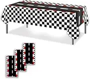 OQOQ Checkered Racing Track Tablecloth(3 Pack,Black White Checkered) - 54x108 Inches Cars Birthday Decorations Table Cloth Race Theme Party Disposable Plastic Table Cover Party Supplies