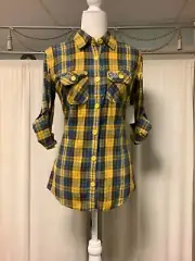 SUPERDRY LUMBERJACK 3/4 SLEEVE SHIRT BUTTON UP FRONT YELLOW BLUE PLAID