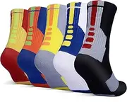 [YWSLRC] 5 Pairs Mens Athletic Crew Socks Elite Basketball Sport Cushioned Long Compression Sock,6.5-11.5