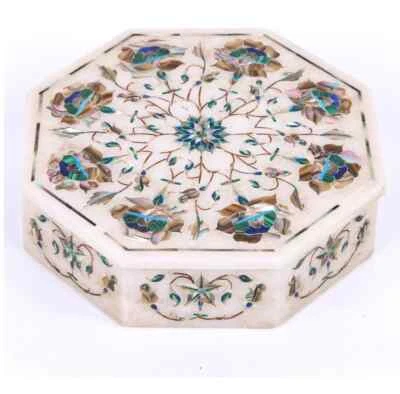6" white Marble Trinket Jewelery Box Malachite paua shell Inlay pietra dura c12