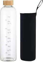 HENGFEI Glass Water Bottle 1 Litre with Time Markings and Measurements, Glass Drink Bottle with Bamboo Lid, Narrow Mouth.