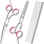 Dog Grooming Scissors Kit with Safety Round Tips Stainless Steel Professional Dog Grooming Shears Set - Thinning, Curved Scissors and Comb for Dog Cat Pet
