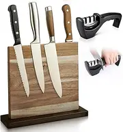 Acacia Magnetic Knife Holder with Knife Sharpener - Universal Knife Block Ideal for Kitchen Knife Sets