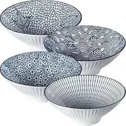 8 Inch Japanese Ramen Bowls, 38 oz Cereal Bowls, Soup Bowls, Pho Bowls, Noodle Bowls, Blue and White Ceramic Bowls, Microwave Dishwasher Safe, Set of 4