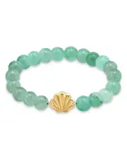 Aqua Clam Shell Charm Gemstone Beaded Stretch Bracelet in 18K Gold Plated Sterling Silver - Exclusive