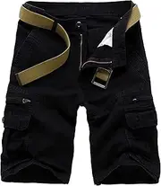 [PHJTOMK] Men Multi Pocket Casual Workout Cargo Shorts with NO Belt Lightweight Loose Military Short Cotton Work Shorts, Black, 31