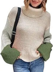 [ZESICA] Women's Long Sleeve Turtleneck Color Block Oversized Loose Chunky Knitted Pullover Jumper Tops