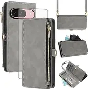 [Asuwish] Mobile Phone Case for Google Pixel 9/9 Pro 5G Case with Strap and Film Screen Protector RFID Card Slot Foldable Leather Flowers Wallet Stand Pixel9 9Pro Wallet Cover Cases Protective Phone