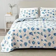 Great Bay Home 3-Piece Coastal Beach Theme Quilt Set with Shams. Soft All-Season Luxury Microfiber Reversible Bedspread and Coverlet. Bali Collection (King, Blue)