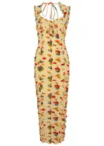 DE LA Vali Pampato Printed Ruched Chiffon Midi Dress - Yellow - 12 (UK12 / M) 12 (UK12 / M)