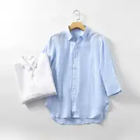 在飛比找momo購物網優惠-【米蘭精品】亞麻襯衫五分袖上衣(休閒透氣V領日系男裝2色74