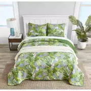 BEAUTIFUL COZY TROPICAL COASTAL BLUE PINK GREEN PALM LEAF TREE BEACH QUILT SET