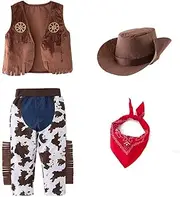[stylesilove] Toddler Boy Brown Fringe Vest, Cow Print Pants, Western Hat & Red Bandana 4-Piece Cowboy Clothing Set