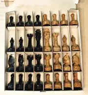 SEMI-PRECIOUS GEMSTONE CHESS MEN - SHELL FOSSIL & BLACK AGATE SET (A473)
