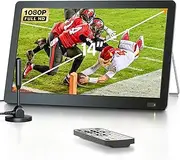 Desobry 14 inch Portable TV with Antenna, DESOBRY Smart ATSC Tuner, Rechargeable Battery Operated Mini LCD Monitor 1080P,Built-in Stand,HDMI Input,USB,AV In,Supports Camping,Kitchen,Car, Black (1401)