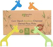 Organic Dental Floss Picks for Kids - Natural Biodegradable Floss Sticks with Strong Bamboo Charcoal Thread & Vegan Corn Starch Handle - No Plastics & No Artificial Flavours