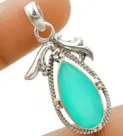 Natural Aquamarine Chalcedony 925 Sterling Silver Pendant 1 1/4'' Long @B4-1