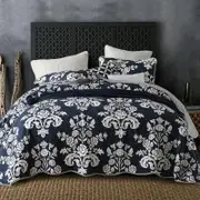 Quilted Queen/King Size Cotton Coverlet Bedspread Set Damask Navy Flower
