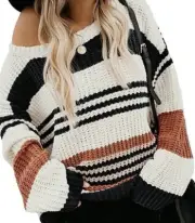 KIRUNDO Women’s Stripe Color Block Short Sweater Long Sleeve Stitching Size L