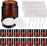 15 Pack 4 oz Amber Glass Jars with Lids, Round Empty Containers for Scrubs, Lotions, Cosmetic, Ointments and Butters, Travel Storage Jar with White Inner Liners £¬Black Lids, lables and Spatulas