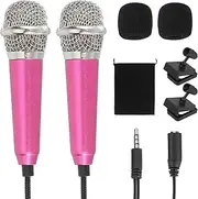 uxcell 2Pcs Mini Microphone, Mic Tiny Microphone with Sponge Cover, Holder and Drawstring Bag Portable for Karaoke Voice Video Recording Singing (Rose)