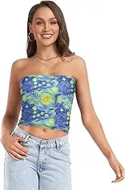 [RPLIFE] Swirling Night Sky Blue Crop Top Sheer Tube Tops, Strapless Tank Top, Coastal Summer Clothes (S)