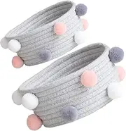 CONGARTENO 2 Pcs Plush Ball Woven Storage Basket Desktop Cosmetics Holder for Organizing Makeup Essentials Cute Grey Decor for Living Bedroom and Bathroom