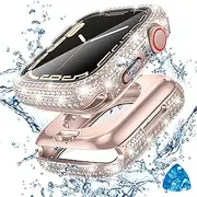 Tensea [2 in 1 for Waterproof Apple Watch Screen Protector Case SE 2nd Generation SE 6 5 4 44mm Accessories, iWatch Hard Diamond Front and Back Bumper Case with Tempered Glass Film, Bling Face Cover