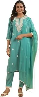 [ladyline] Women's Rayon Embroidered Salwar Kameez Suit Set – Kurta, Pants & Chiffon Dupatta with Tassels – Indian Ethnic Wear