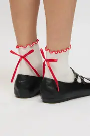 Red Frill Socks with Bow - Size ONE, Women's Gift