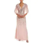 Aidan Mattox Pink Fully Beaded Flutter Sleeve V Neck Gown 10 NEW $550