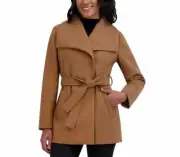 Tahari Women's Wrap Coat Tan Camel Tie Belt Water-Resistant Long Sleeves, XS