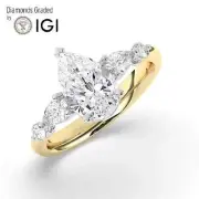 Pear Solitaire Labgrown Diamond Trilogy Ring 14k Yellow Gold 3.50 Ct D VS1