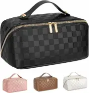Portable Makeup Bag, Large Capacity Travel Cosmetic Bag Checkered PU Leather