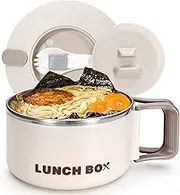 Roucerlin Microwave Ramen Bowl with Lid and Handle, 40.5 Oz Stainless Steel Liner Microwavable Soup Noodle Bowls, Instant Ramen Cooker Microwave Container for Office College Dorm (Beige)