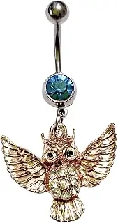 [Generic] 14G OWL BLUE CLEAR BELLY NAVEL RING CZ Jewelry Barbell Body Piercing 9069, Stainless Steel, cubic zirconia