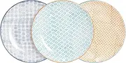 Nicola Spring Hand-Printed Dinner Plates - 25.5cm - 3 Colours - Pack of 6 - Porcelain Decorative Patterned Dining Dish Plates for Snacks, Starters, Dinner, Dessert